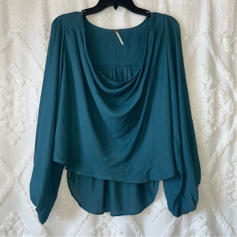 Free People Oversized Blue Green Teal Cowl Neck Flowy Blouse Balloon Sleeves Xs
